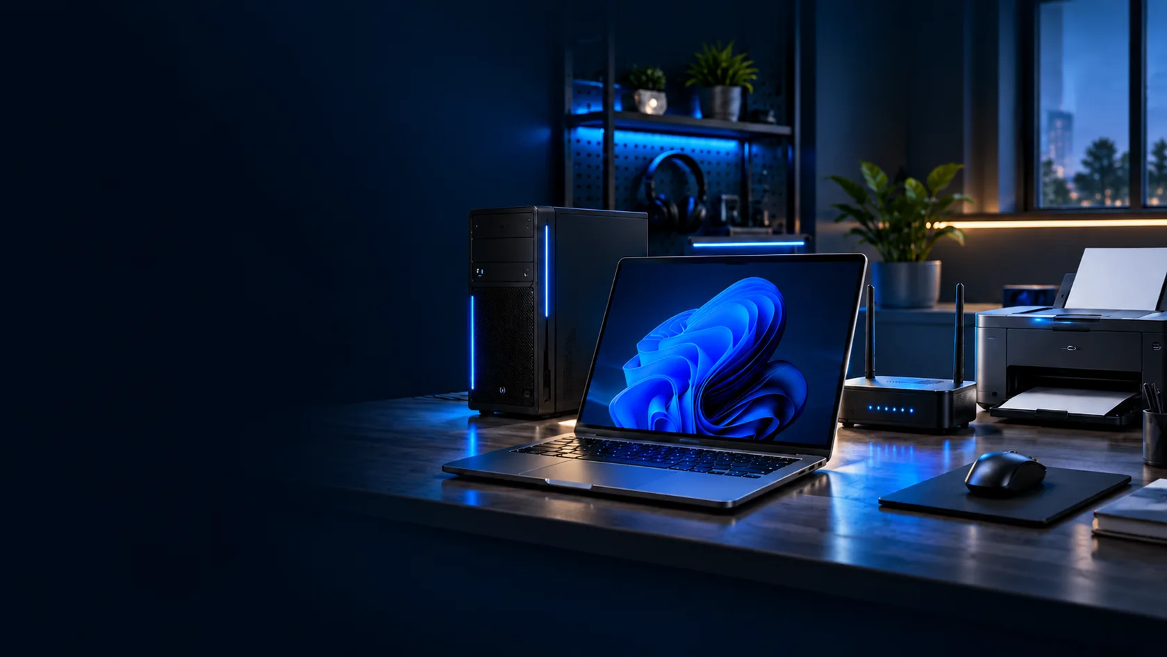 Illustrative blue-lit IT workstation